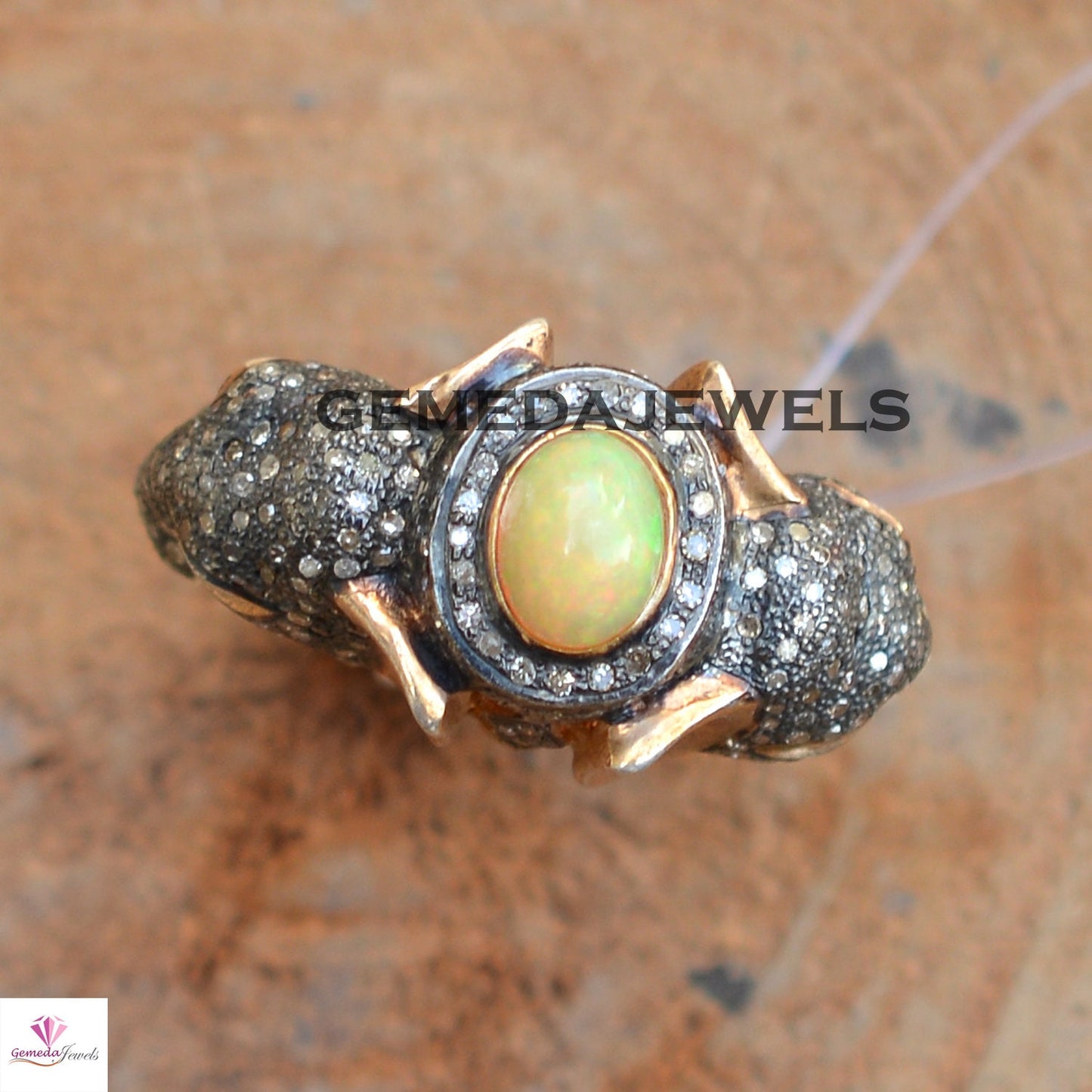 Opal Elephant Ring, Pave Diamond Jewelry, 925 Silver Rose Gold Plated Ring, Genuine Gemstone Jewelry, Animal Diamond Ring, Unisex Jewelry