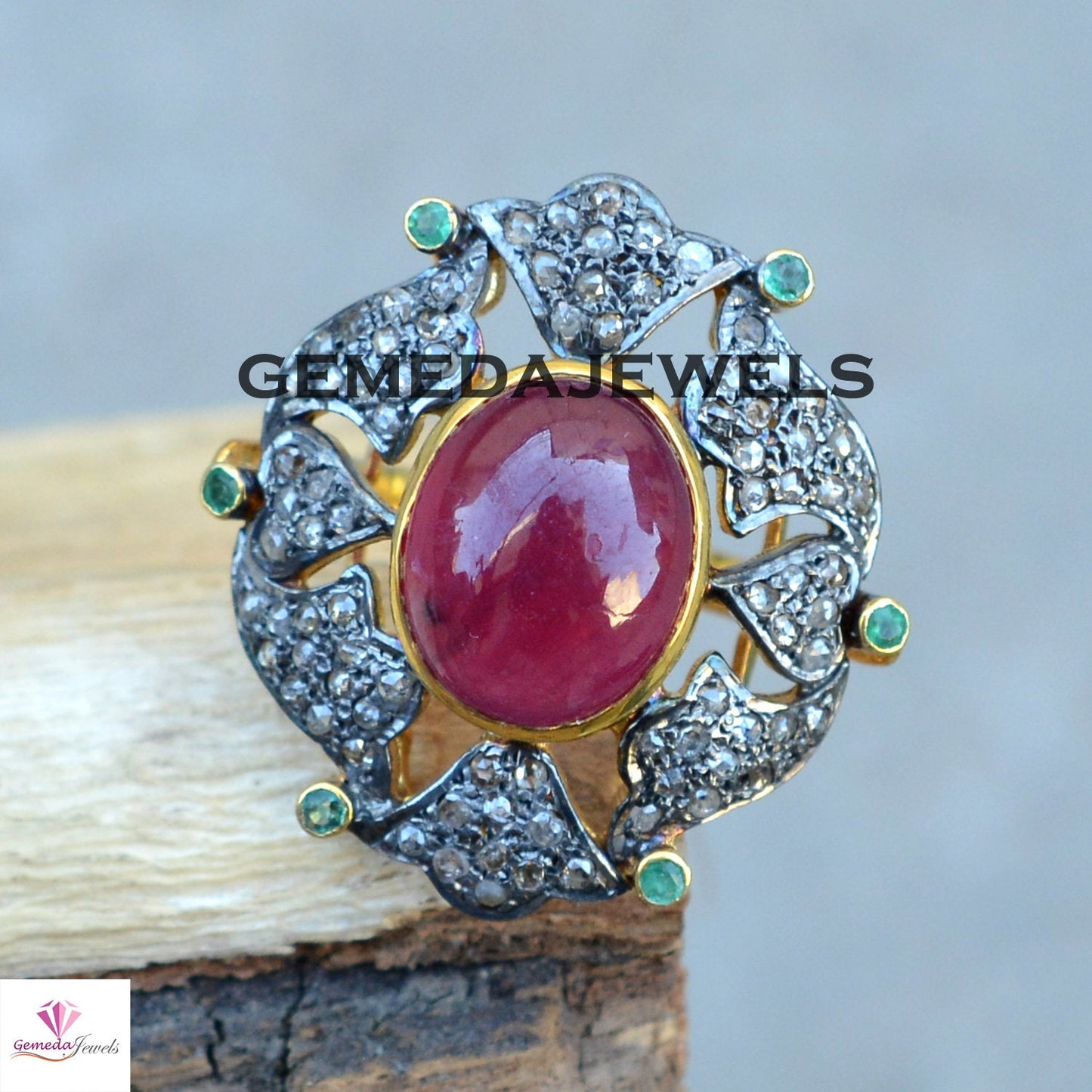 Genuine Ruby Ring, Sterling Silver Ring, 14k Gold Plated Jewelry, Emerald Gemstone Ring, Pave Diamond Jewelry, Designer Diamond Gift Jewelry