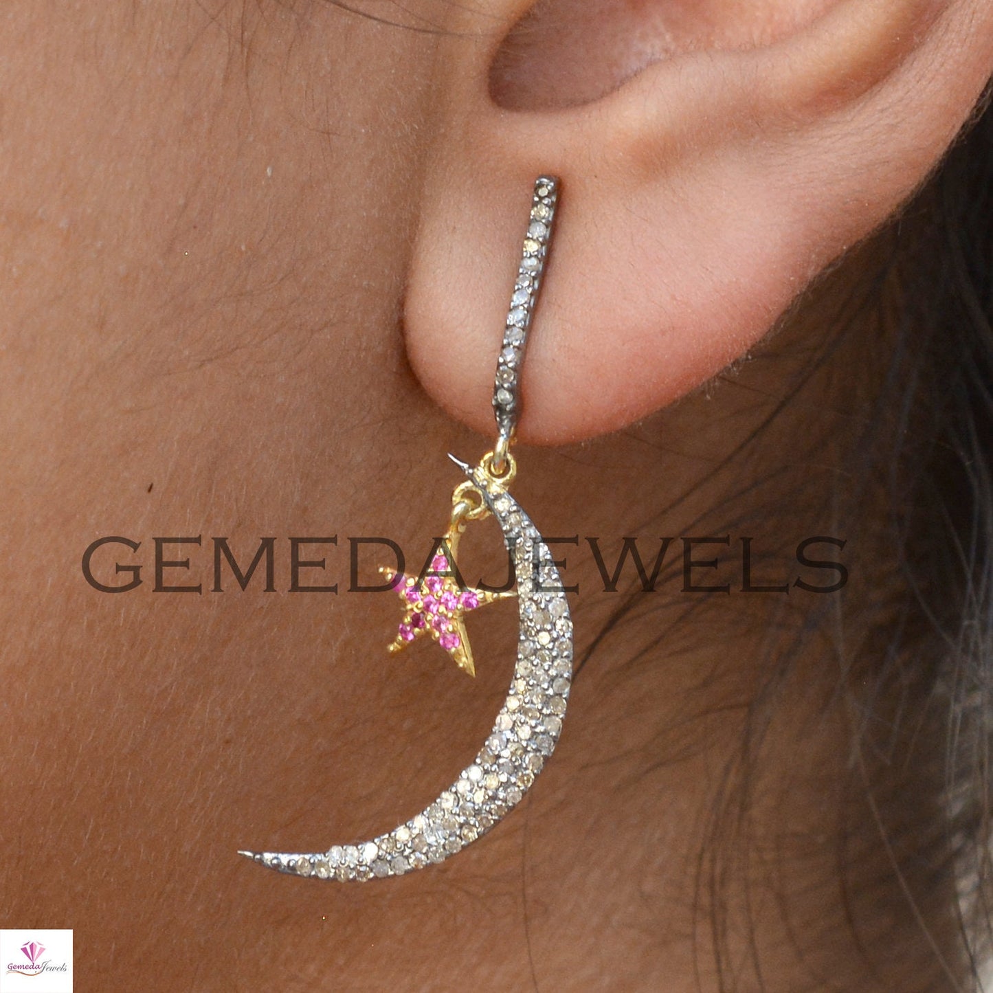 Pave Diamond Crescent Moon Earring, 925 Silver Gold Jewelry, Ruby Gemstone Star Earrings, Handmade Earrings, Gift For her, Bridesmaid Gift