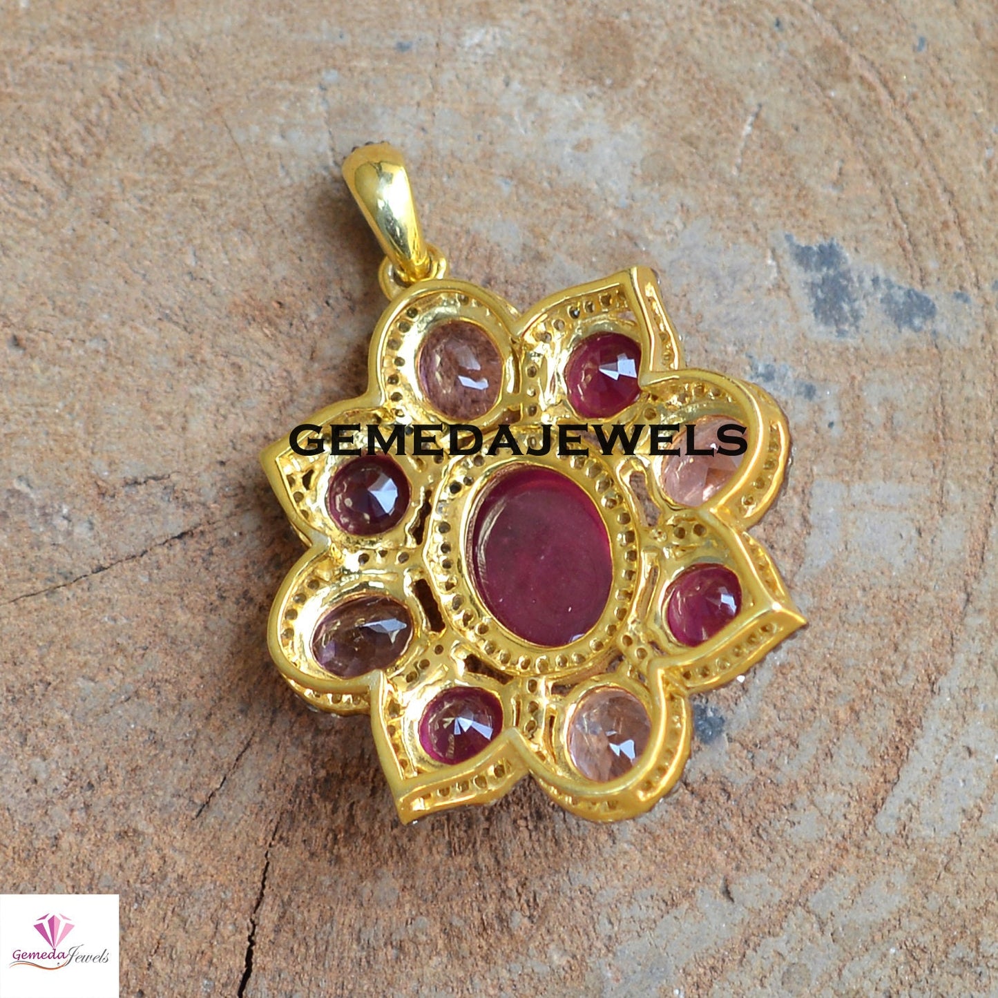Sale! Ruby Floral Pendant, Pave Diamond Jewelry, 925 Silver Pendant, Gold Filled Jewelry, Sapphire Silver Pendant, 16" Chain Necklace, Gifts