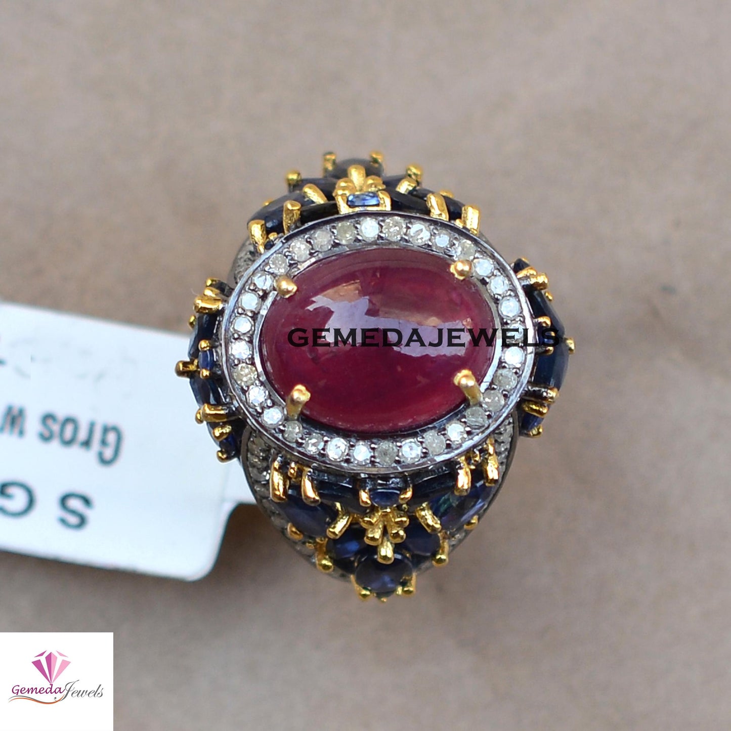 Sale!! Charming Ruby gemstone Ring, Blue Sapphire Ring Jewelry, Pave Diamond 925 Silver Ring, Rhodium Plated Jewelry, Wedding Gift Jewelry