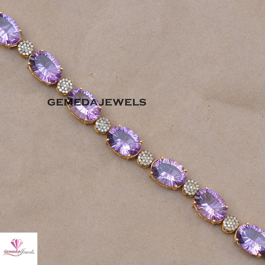 Charming Purple Amethyst Gemstone Bracelet, Pave Diamond Bracelet, 14k Gold Vermeil Jewelry, Solid 925 Silver Jewelry, Valentine's Day Gift
