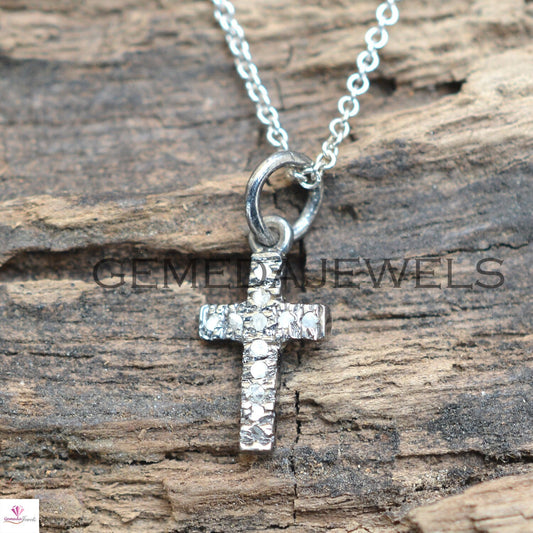925 Silver Cross Charm Pendant, Pave Diamond Pendant Jewelry, Real Diamond Cross Jewelry, 16" Silver Link Chain Necklace, Personalized Gift
