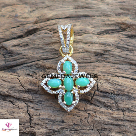 Charming Green Opal Pendant, Pave Diamond Pendant, 925 Silver Jewelry, 14k Gold Vermeil Jewelry, 16" Link Chain Necklace, Flower Pendant