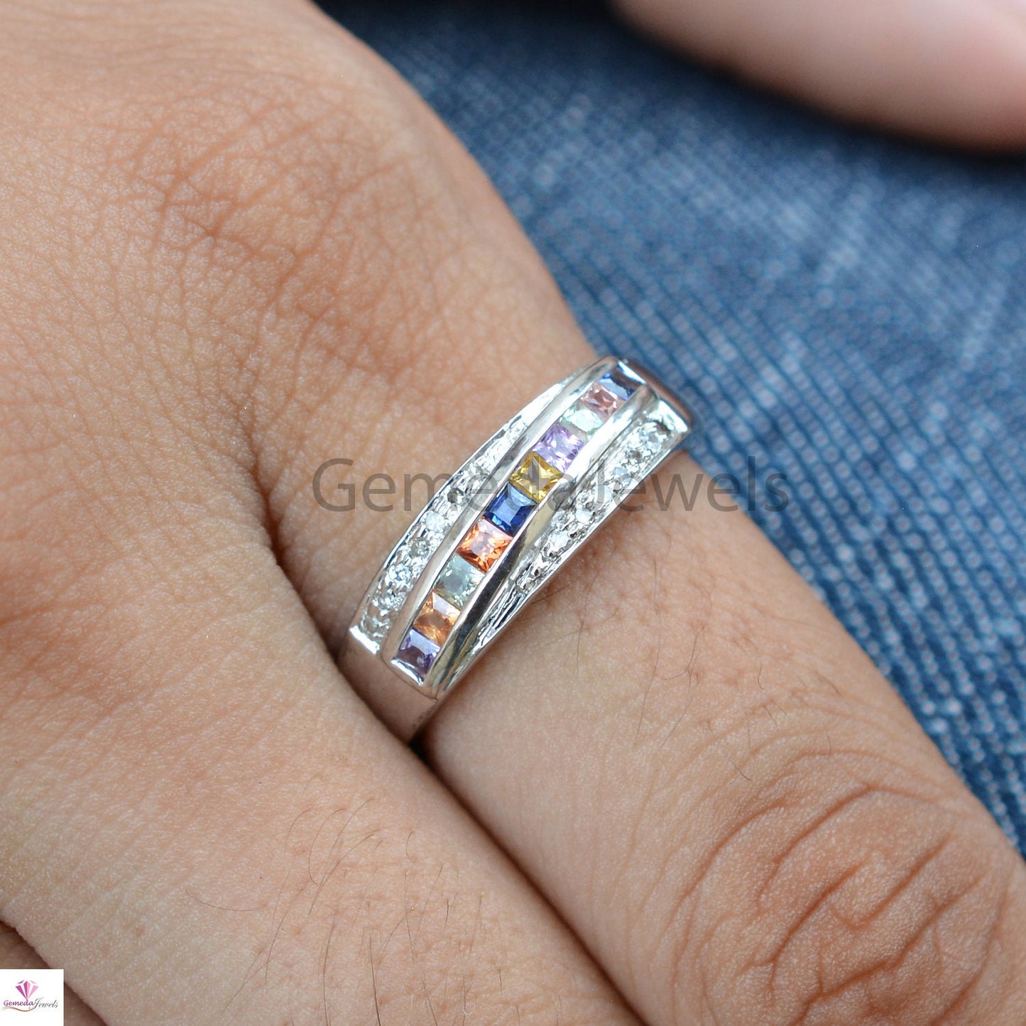 925 Sterling Silver Jewelry, Genuine Multi Sapphire Ring, Pave Diamond Band Ring, Stacking Ring, Gemstone Silver Jewelry, Valentine Day Gift