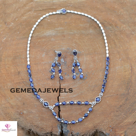 Sparkling Blue Sapphire Necklace, Sapphire Earrings Jewelry, Pave Diamond Jewelry Set, 925 Silver Jewelry, 19" Necklace Jewelry Gift For Her