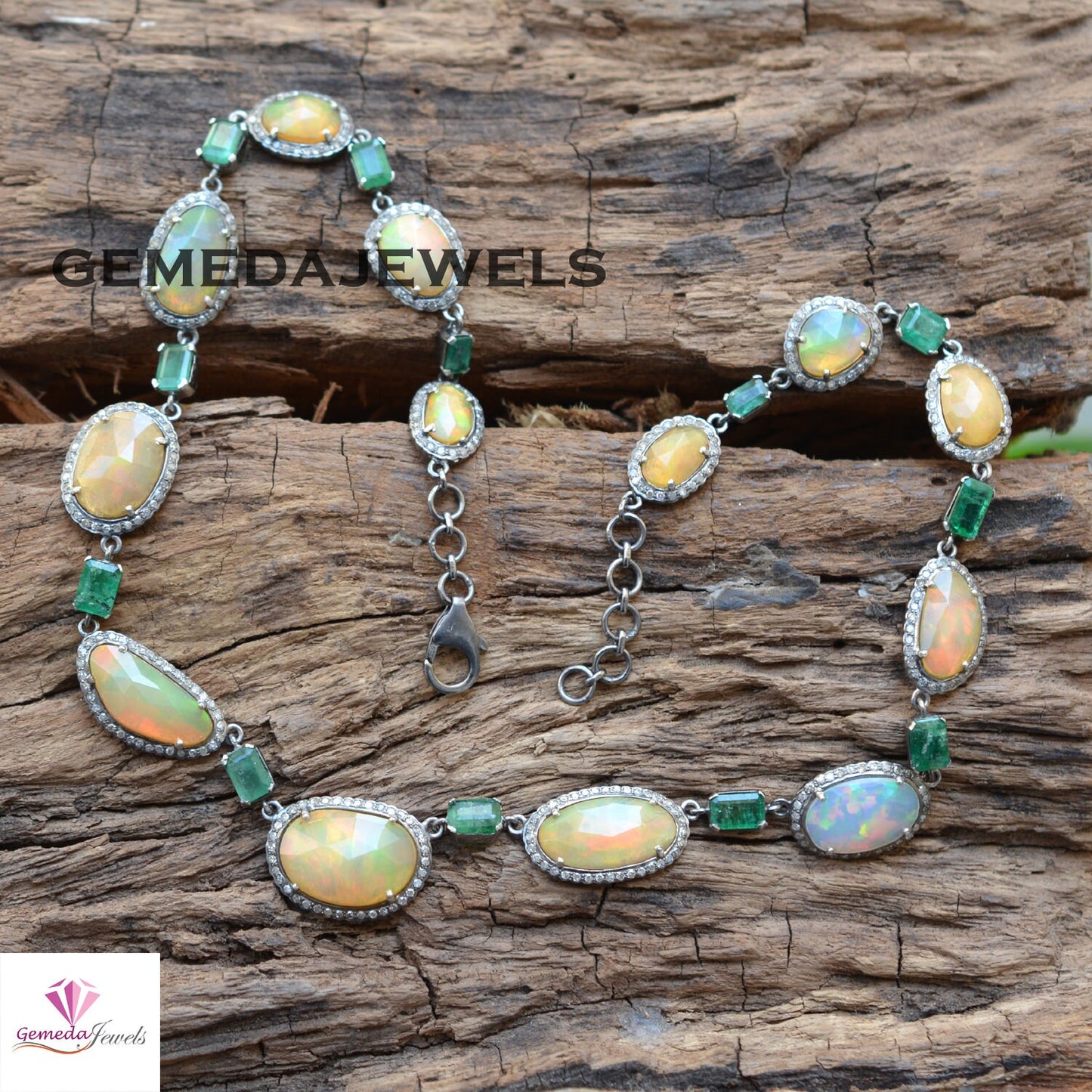 Opal Gemstone Necklace, Sterling Silver Jewelry, Emerald Gemstone Jewelry, Pave Diamond Necklace, 16" Silver Pendant Necklace, Holiday Gifts