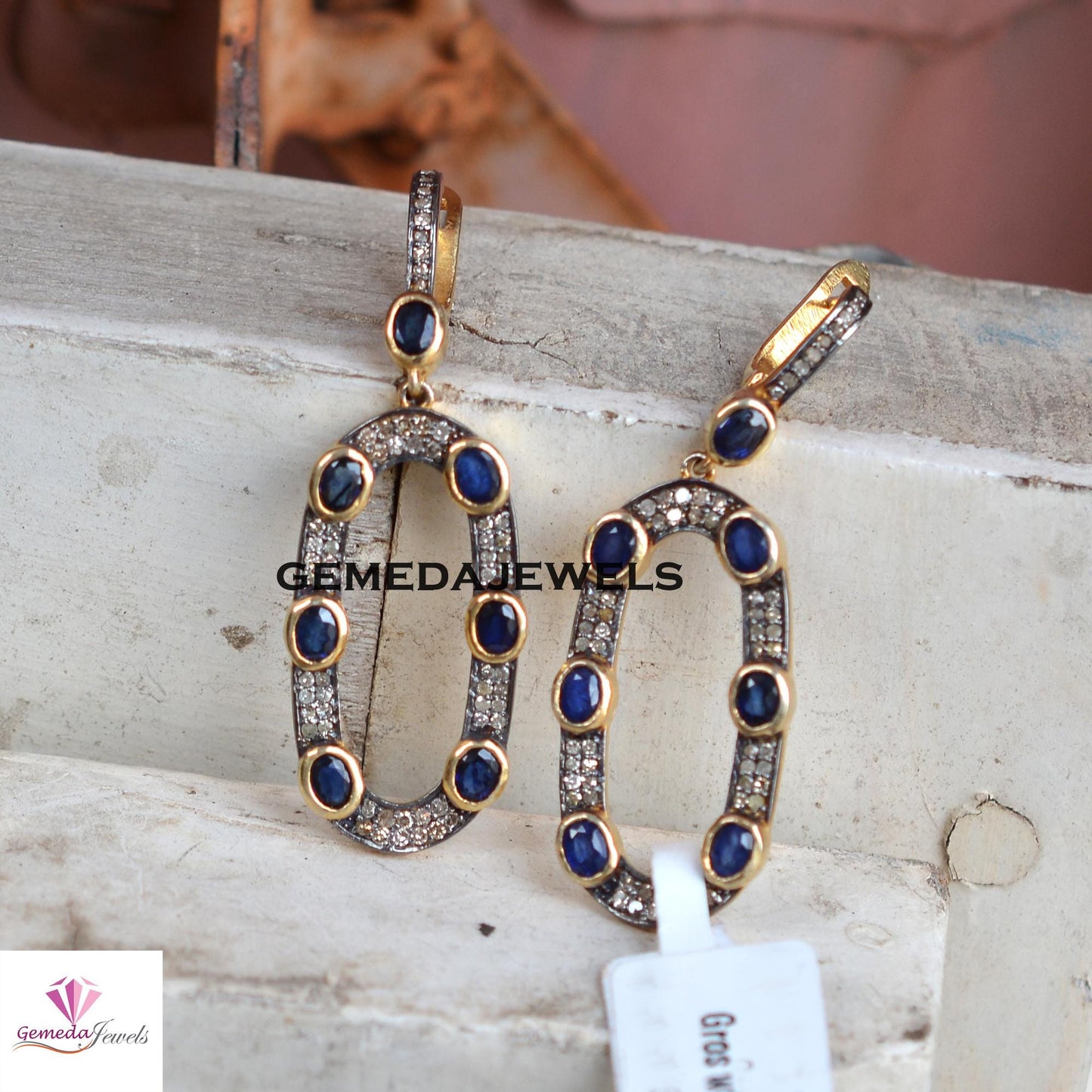 Sale! 925 Silver Gold Vermeil Jewelry, Blue Sapphire Earrings, Pave Diamond Earrings Jewelry, Gemstone Silver Jewelry, Women's Gift Jewelry