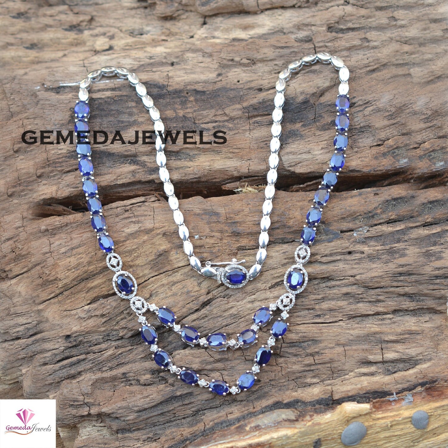 Sparkling Blue Sapphire Necklace, Sapphire Earrings Jewelry, Pave Diamond Jewelry Set, 925 Silver Jewelry, 19" Necklace Jewelry Gift For Her