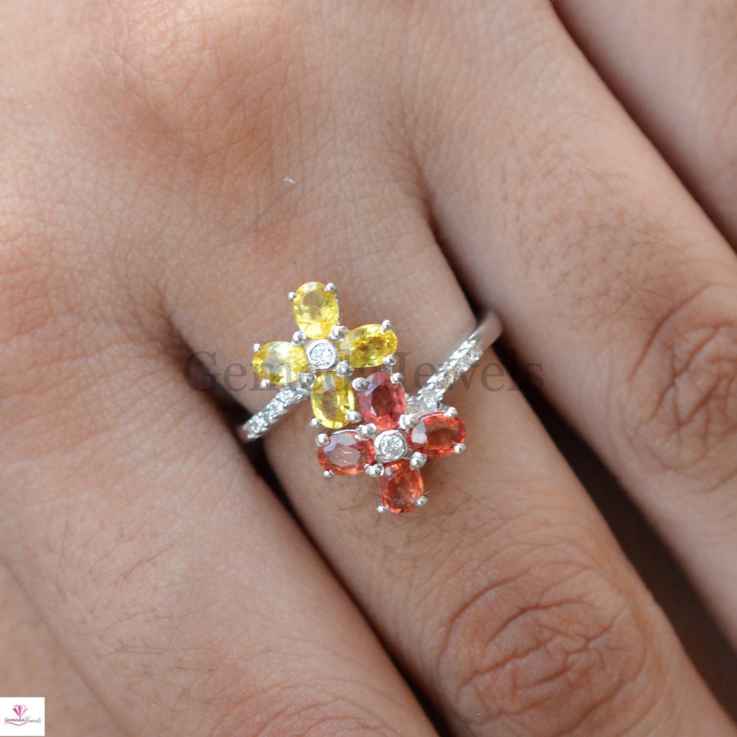 Genuine Multi Sapphire Diamond Ring, Flower Gemstone Ring, Pave Diamond Jewelry, Sterling Silver Jewelry, Minimalist Ring, Anniversary Gift