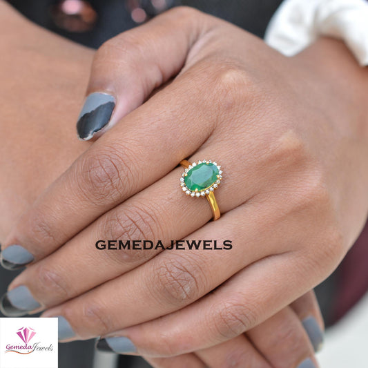 Stunning Real Emerald Ring, Gemstone 925 Silver Jewelry, Pave Diamond Ring, 14k Gold Vermeil Jewelry, Engagement Ring, Minimalist Jewelry