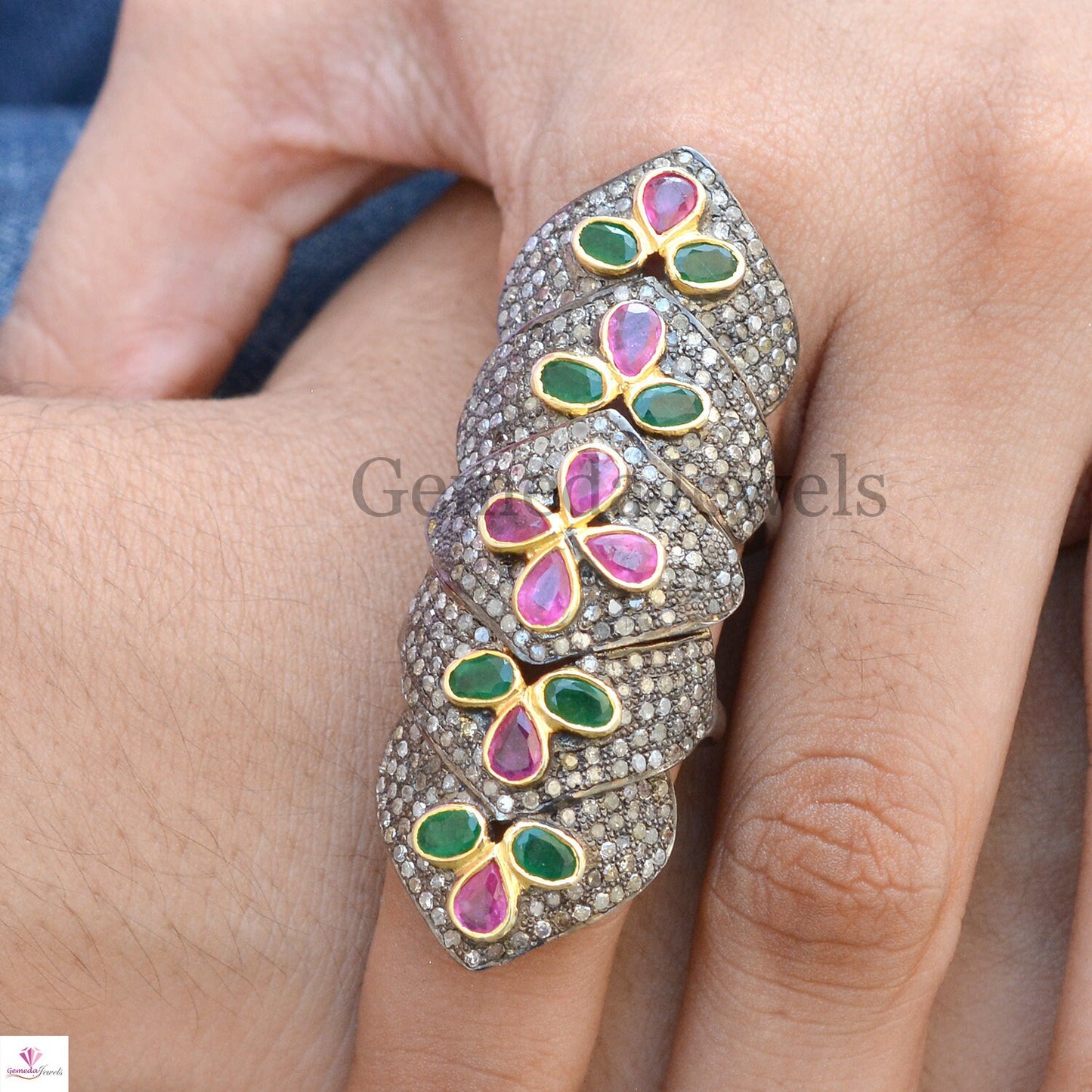 Natural Pave Diamond Gemstone Knuckle Ring, Ruby Emerald Flower Ring, Pave Diamond Full Finger Knuckle Ring, Handmade Jewelry, Gift For Her