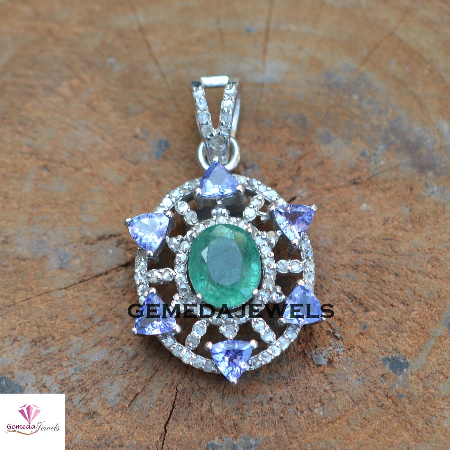 Genuine Emerald Pendant, Tanzanite Gemstone Jewelry, Pave Diamond Pendant, 925 Sterling Silver Jewelry, 16" Link Chain Pendant Necklace Gift