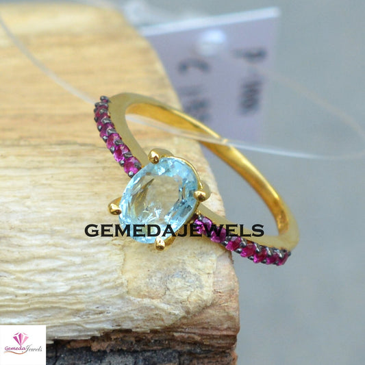 Blue Topaz Gemstone Ring, Sterling Silver Ring, Gold Plated Jewelry, Pave Diamond Ring, Ruby Ring Jewelry, Gemstone Diamond Jewelry, Gifts