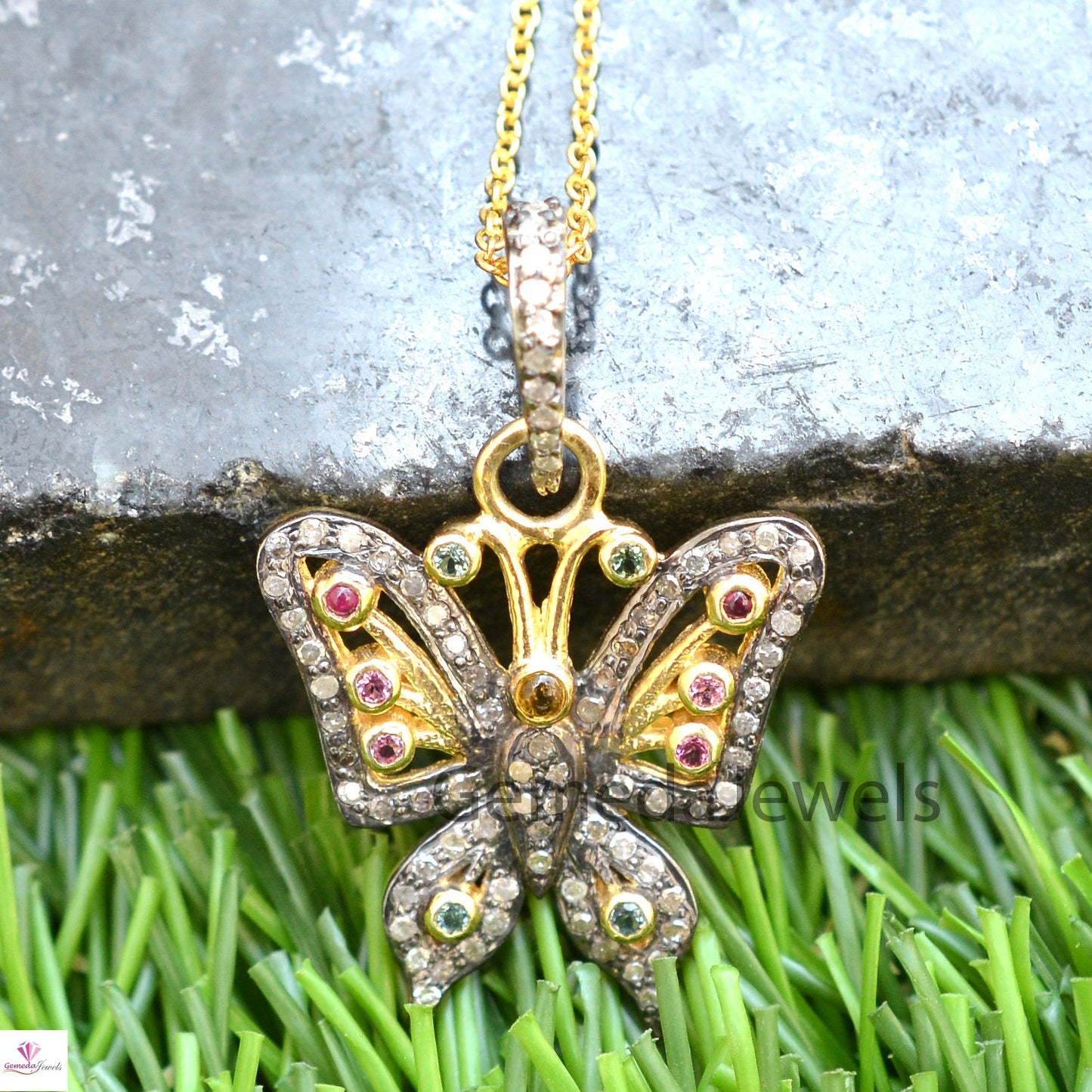 Multi Tourmaline Butterfly Pendant, 925 Silver Gold Plated Jewelry, Pave Diamond Butterfly Pendant Necklace, 16" Silver Chain, Gift For her