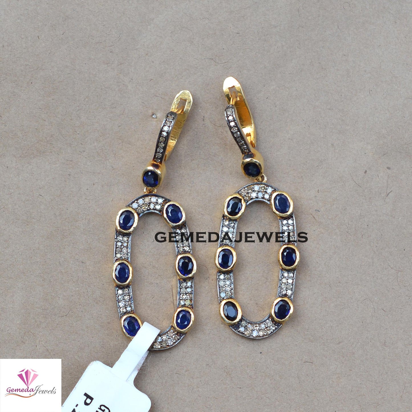 Sale! 925 Silver Gold Vermeil Jewelry, Blue Sapphire Earrings, Pave Diamond Earrings Jewelry, Gemstone Silver Jewelry, Women's Gift Jewelry