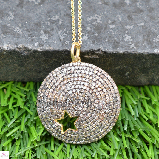 Gold Vermeil Pendant Jewelry, Pave Diamond Star Pendant, Pendant Necklace Jewelry, Oxidized 925 Silver Pendant, 16" Link Chain Size 30x25 MM
