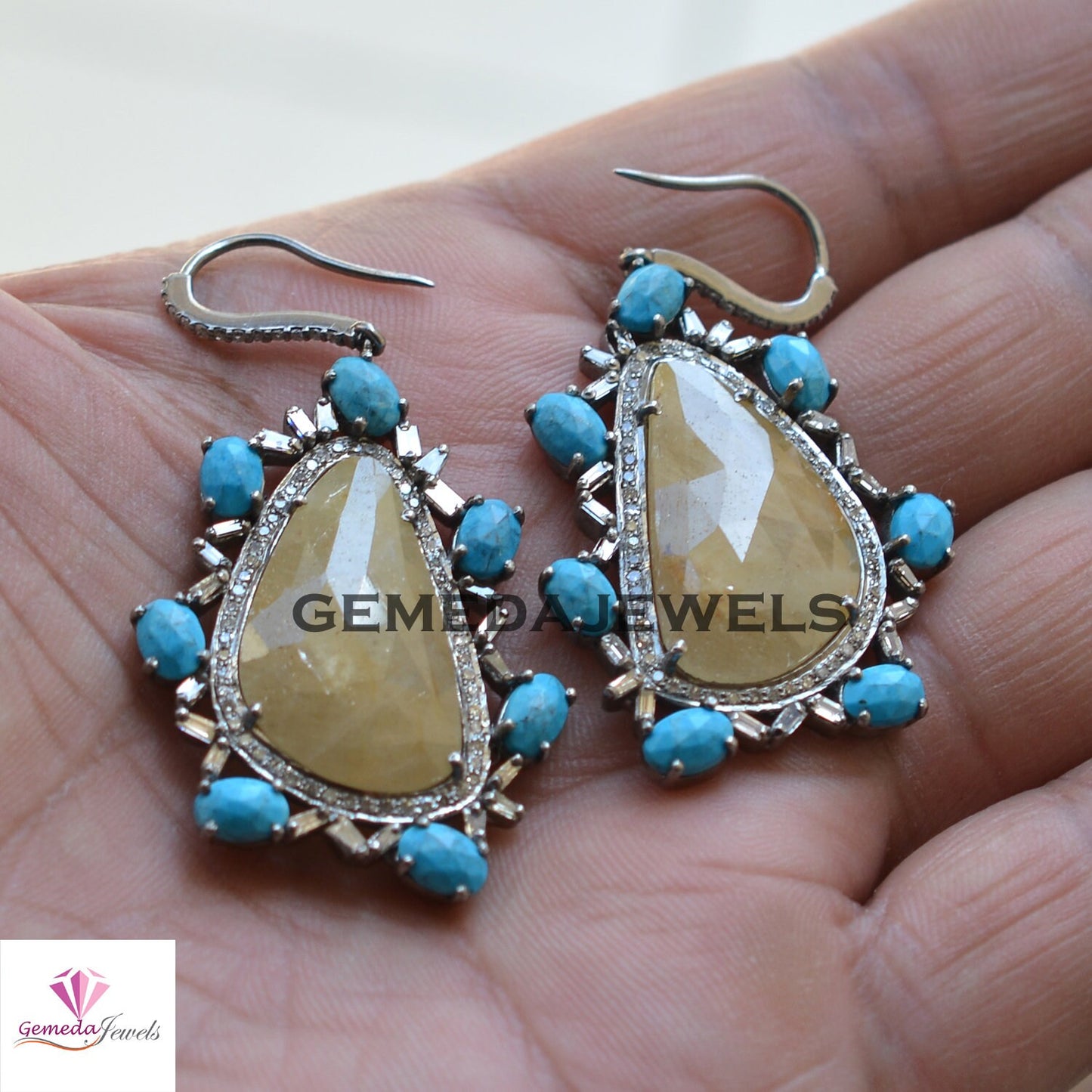 Sapphire Slice Gemstone Earrings, Turquoise Earrings Jewelry, Baguette Diamond Pave Jewelry, 925 Silver Ear Wire Earring, Mothers Day Gift