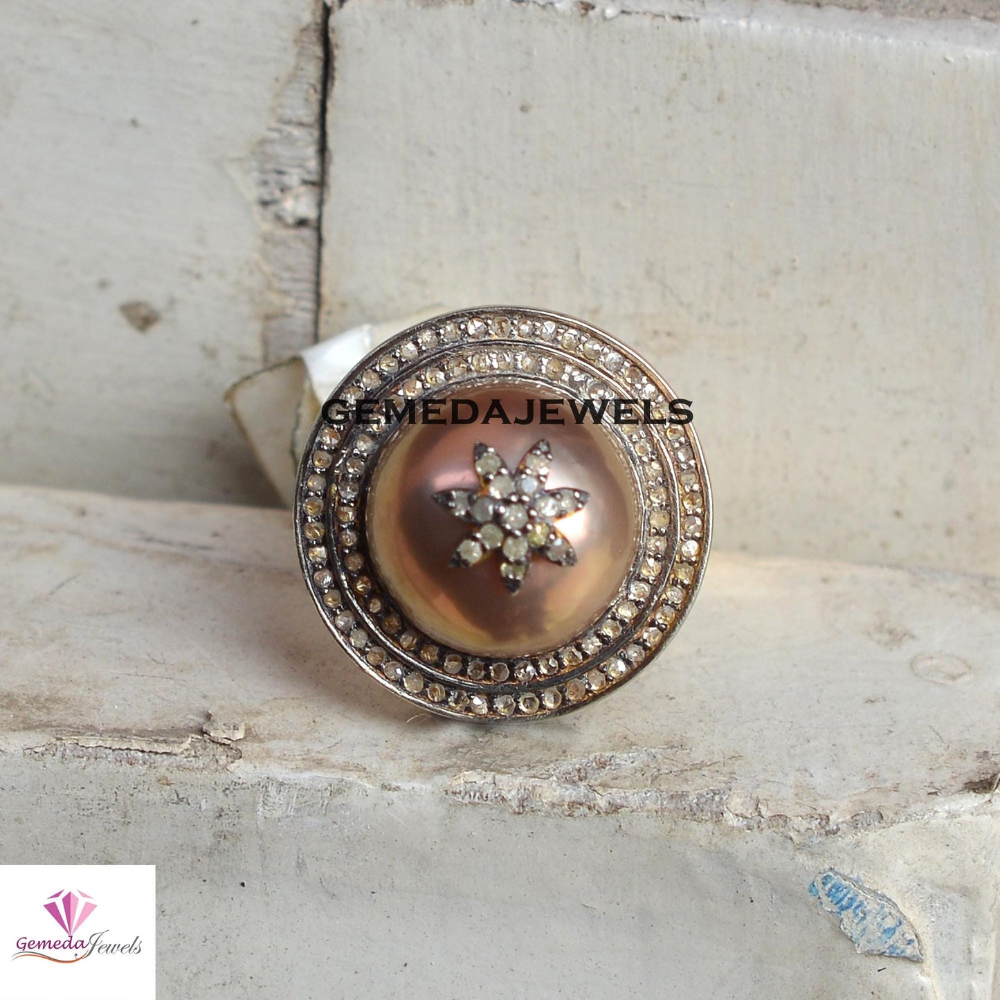 Sale Charming Pearl Gemstone Ring, 14k Gold Vermeil Jewelry, 925 Silver Ring, Pave Diamond Star Ring Jewelry, Handmade Jewelry, Gift For Her