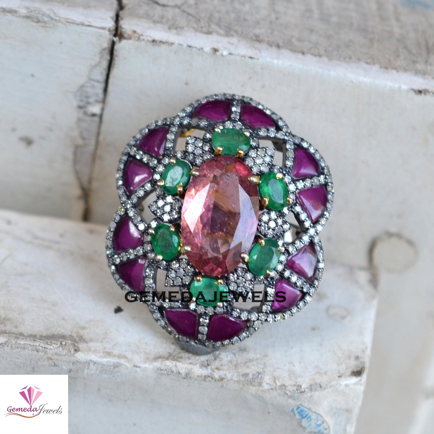 Gorgeous Pink Tourmaline Gemstone Ring, Pave Diamond Jewelry, Emerald 925 Silver Ring, Rhodium Plated Jewelry, Ruby Gemstone Flower Ring