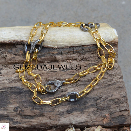 Pave Diamond Chain Necklace, 925 Sterling Silver Chain, Diamond Link Chain Necklace, Gold Vermeil Chain, Diamond Lobster Clasp Lock, Gifts