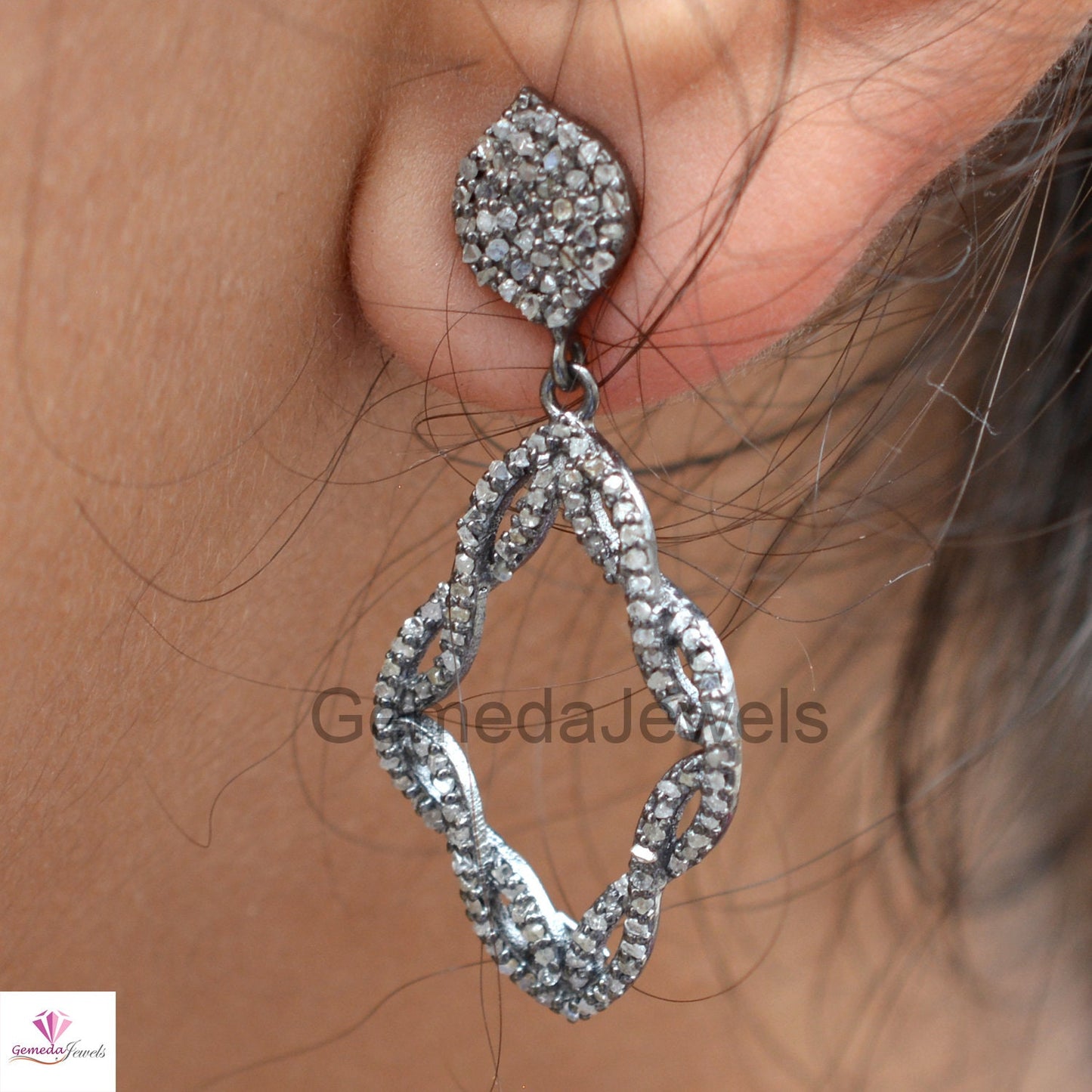 Sale!! Natural Pave Diamond Earring, 925 Sterling Silver Jewelry, Size 38X17 MM Drop Dangle Silver Earrings, Anniversary Gift Jewelry, Gifts