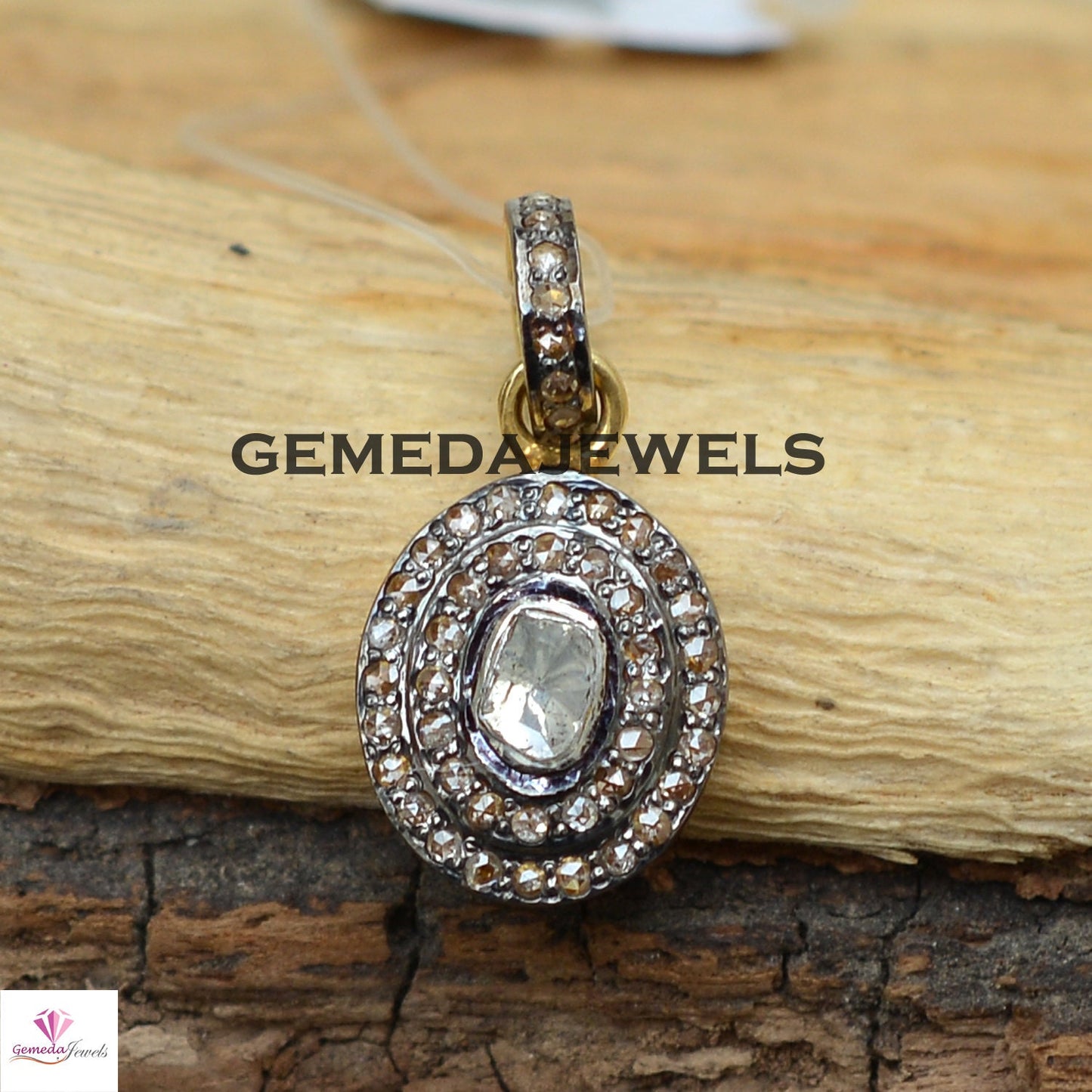 Oval Shape Polki Diamond Pendant, 925 Sterling Silver Pave Jewelry, 14k Gold Plated Jewelry, 16" Silver Link Chain Pendant Necklace, Gift