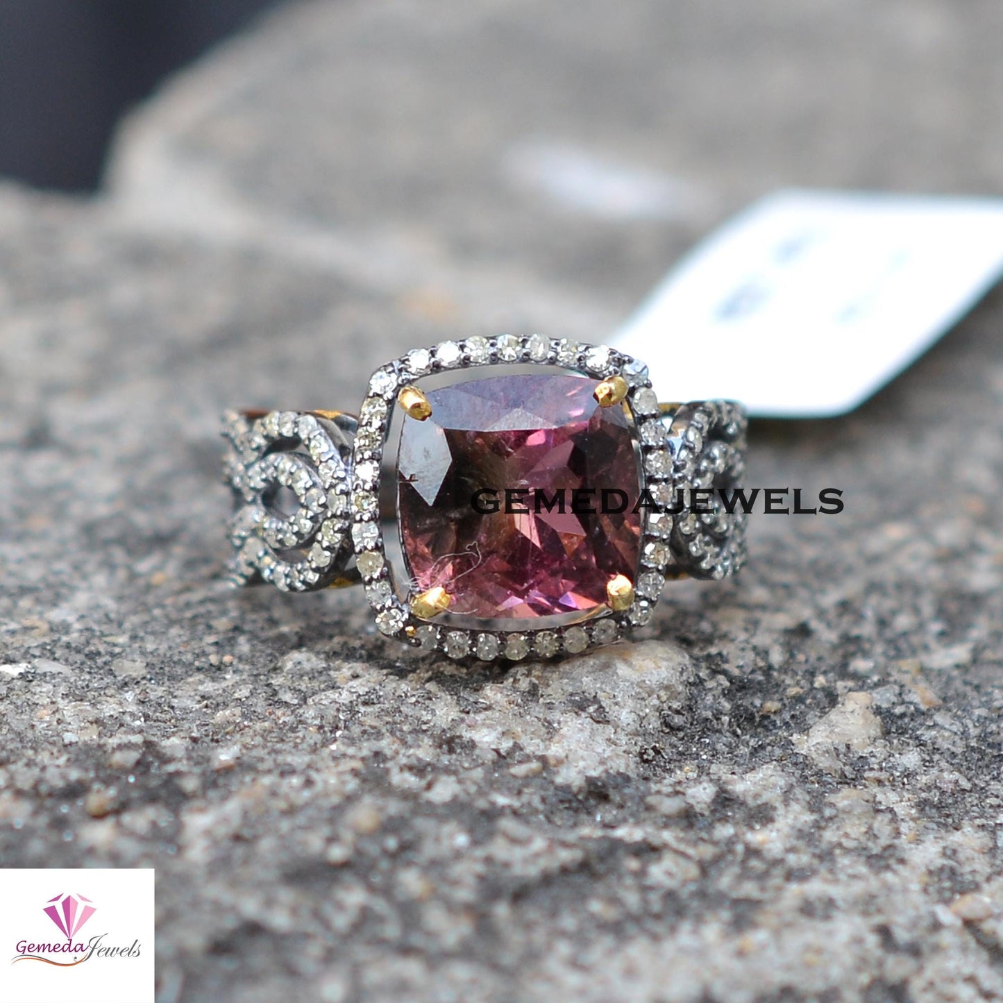 Sale! Pink Tourmaline Gemstone Ring, Pave Diamond 925 Silver Jewelry, Rhodium Plated Ring, Gemstone Diamond Jewelry, Women's Ring Jewelry
