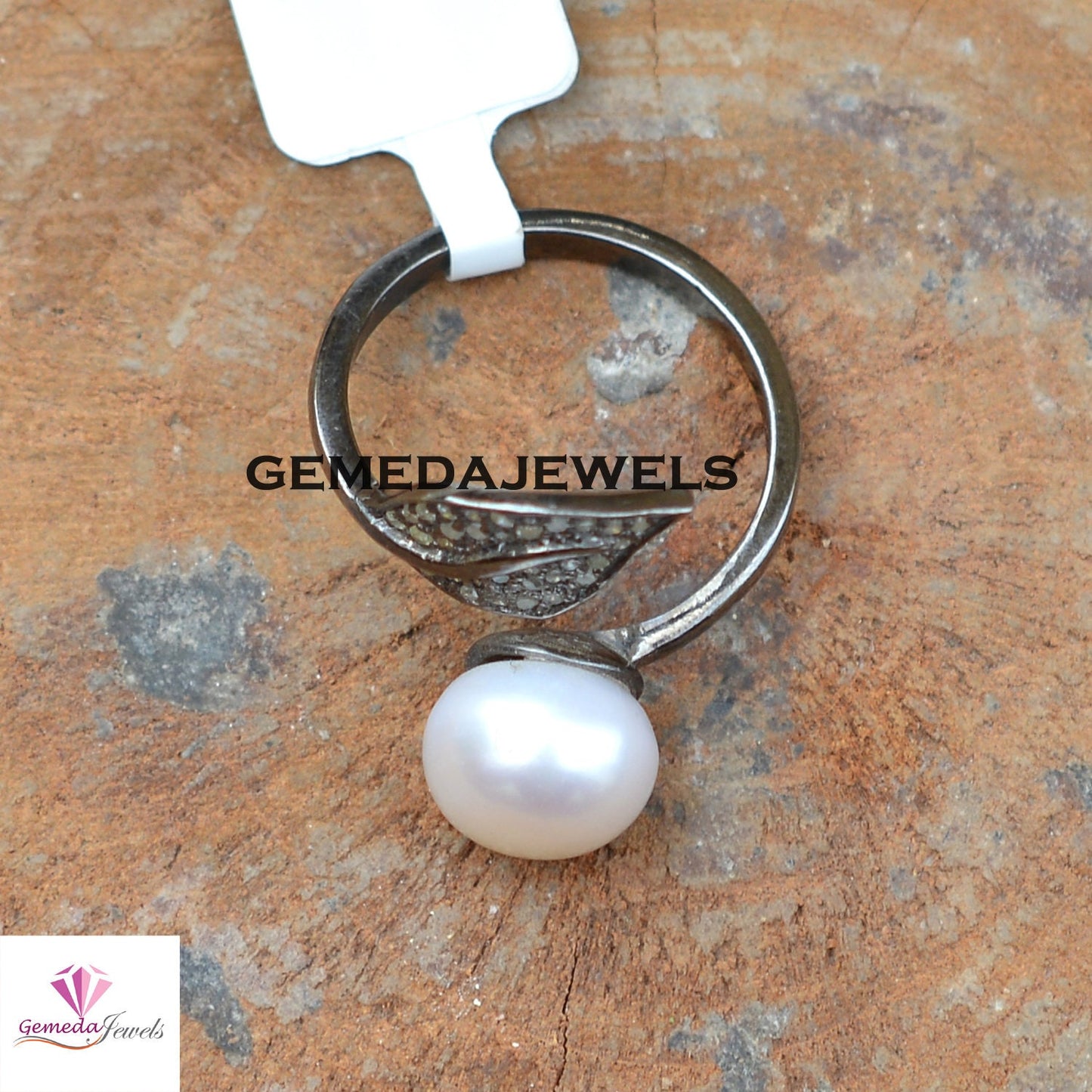 Sale! White Pearl Ring, Pave Diamond Leaf Ring, Gemstone Silver Ring, Sterling Silver Jewelry, Minimalist Jewelry, Rhodium Plated Ring, Gift