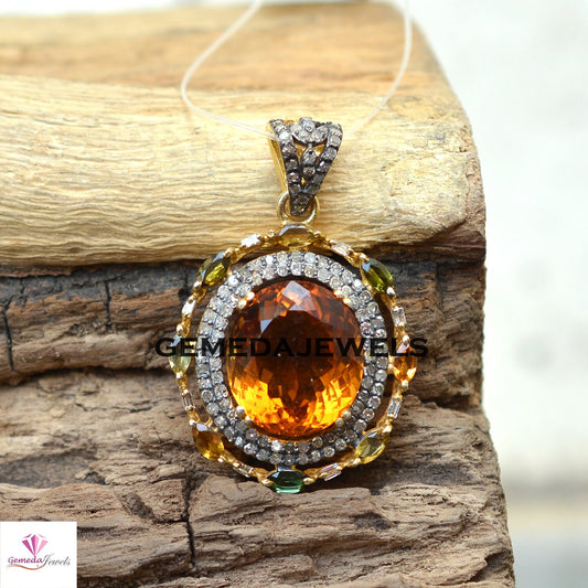 New Arrival Citrine Diamond Pendant, Pave Diamond Jewelry, Multi Gemstone Pendant, 925 Silver Jewelry, 14k Gold Plated Pendant, 16" Chain