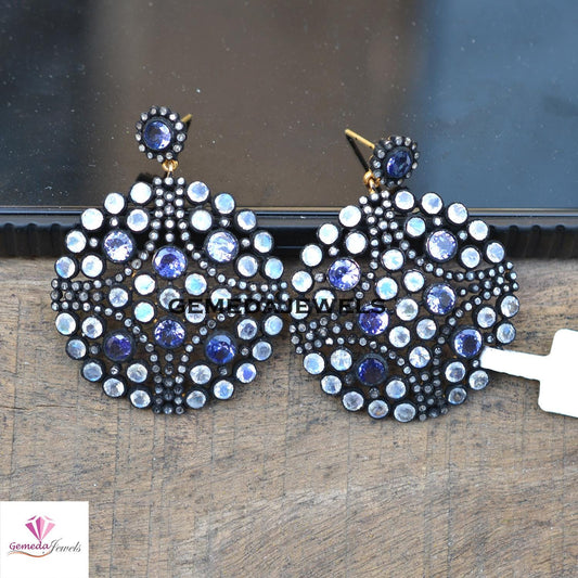 Genuine Tanzanite Earrings, Moonstone Earrings Jewelry, Gemstone Diamond Earring, 925 Silver Jewelry, Rhodium Plated Earrings, Gift For Her