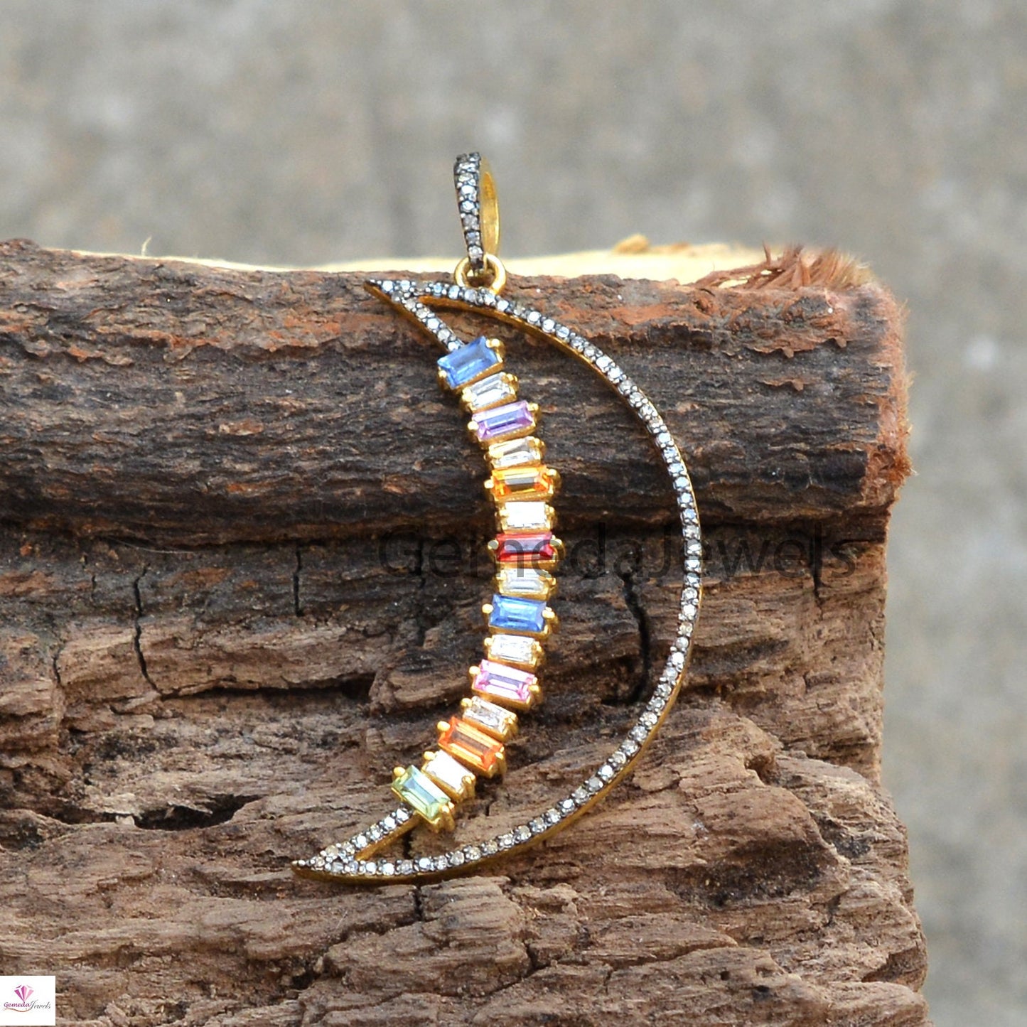 Real Multi Sapphire Pendant, Crescent Moon Pendant, 925 Silver Jewelry, Gold Vermeil Jewelry, Pave Diamond Pendant 16" Link Chain Necklace