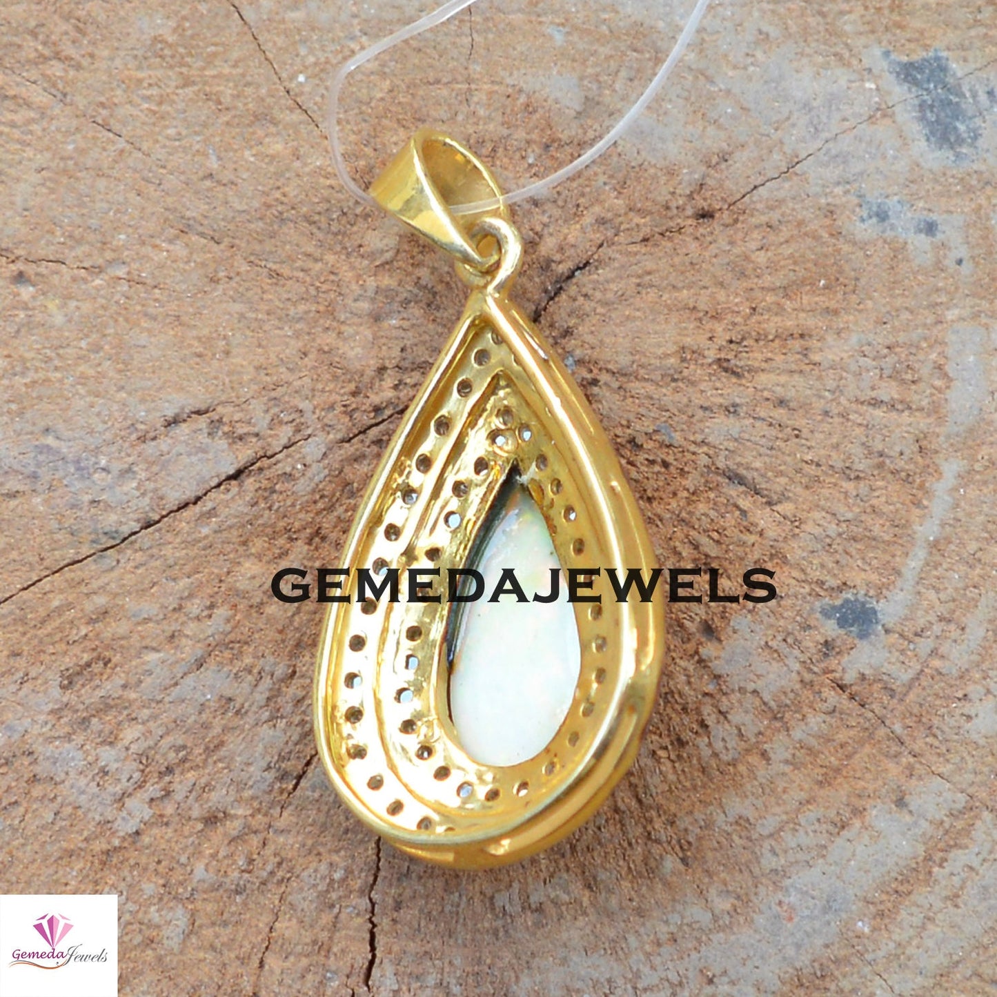 Natural Opal Pendant, Pave Diamond Jewelry, Gemstone Silver Pendant, 925 Silver Jewelry, Gold Plated Pendant, 16" Chain Necklace Jewellery