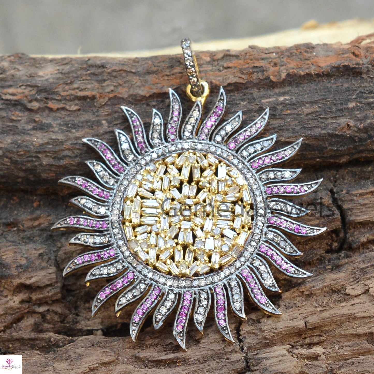 Natural Baguette Diamond Pendant, Ruby Gemstone Pave Diamond Jewelry, Sunflower Pendant Jewelry, Gold Vermeil 925 Silver Jewelry, 16" Chain