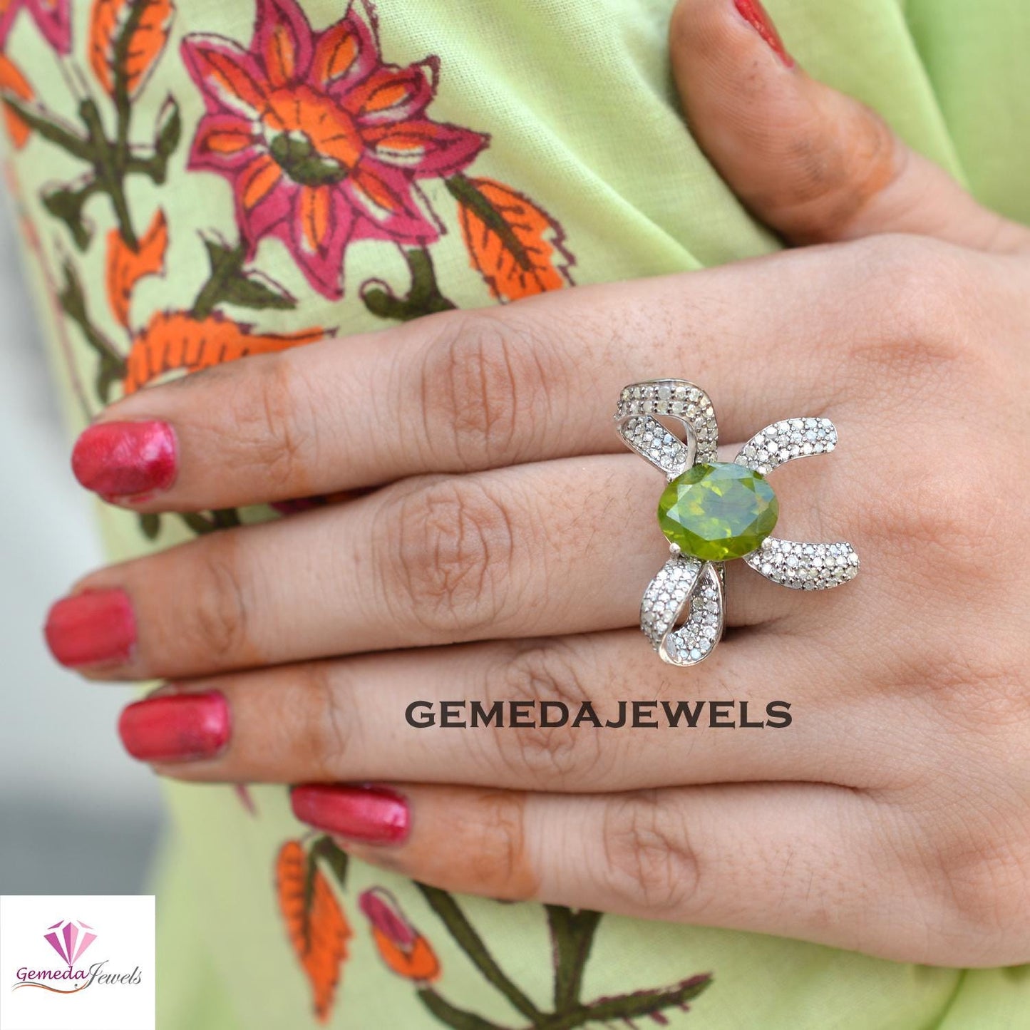 Charming Peridot Gemstone Bow Ring, 925 Silver Jewelry, Pave Diamond Bow Jewelry, Gemstone Ring Jewelry, Valentine's Day Gift, Wedding Gifts
