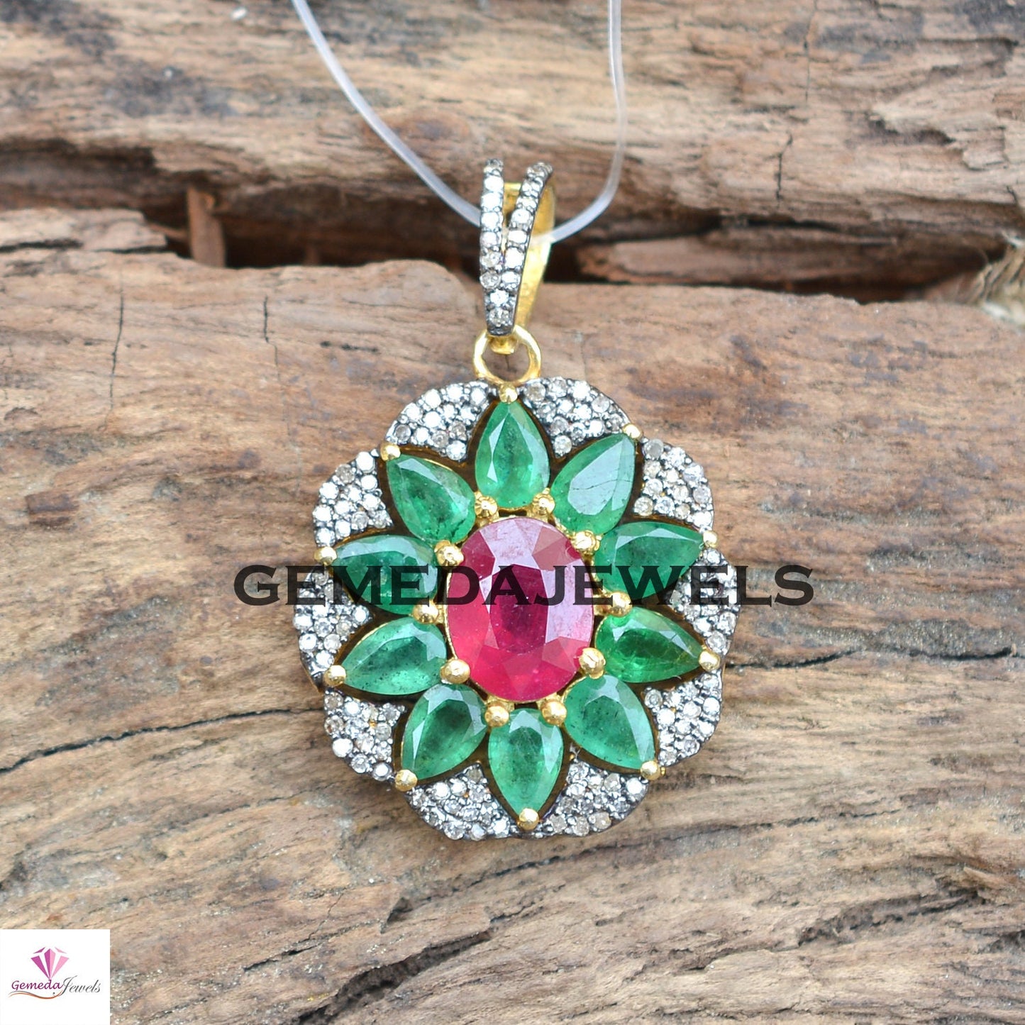 Red Ruby Pendant, Emerald 925 Silver Pendant, Pave Diamond Jewelry, Gemstone Floral Pendant, 16" Chain Pendant Necklace, Gold Plated Jewelry