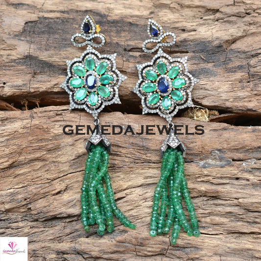 Sapphire Floral Earrings, Emerald Tassel Beads Earring Jewelry, Gemstone Earrings Jewelry, Pave Diamond Jewelry, Solid 925 Silver Earrings