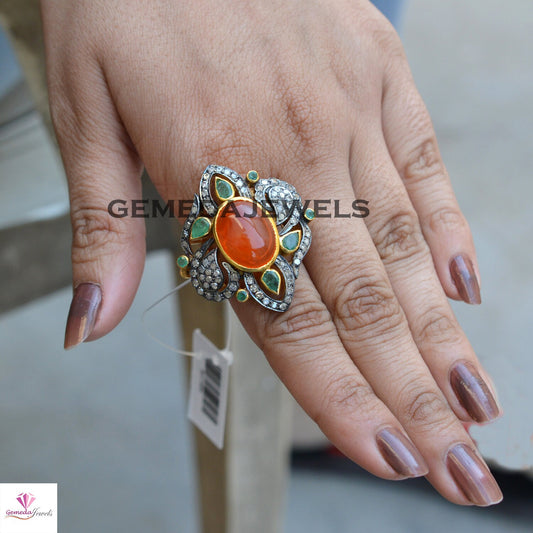 Carnelian Gemstone Ring, Beautiful Diamond Ring, Pave Diamond Jewelry, Gemstone Silver Jewelry, Gold Vermeil Ring, 925 Silver Jewelry, Gifts