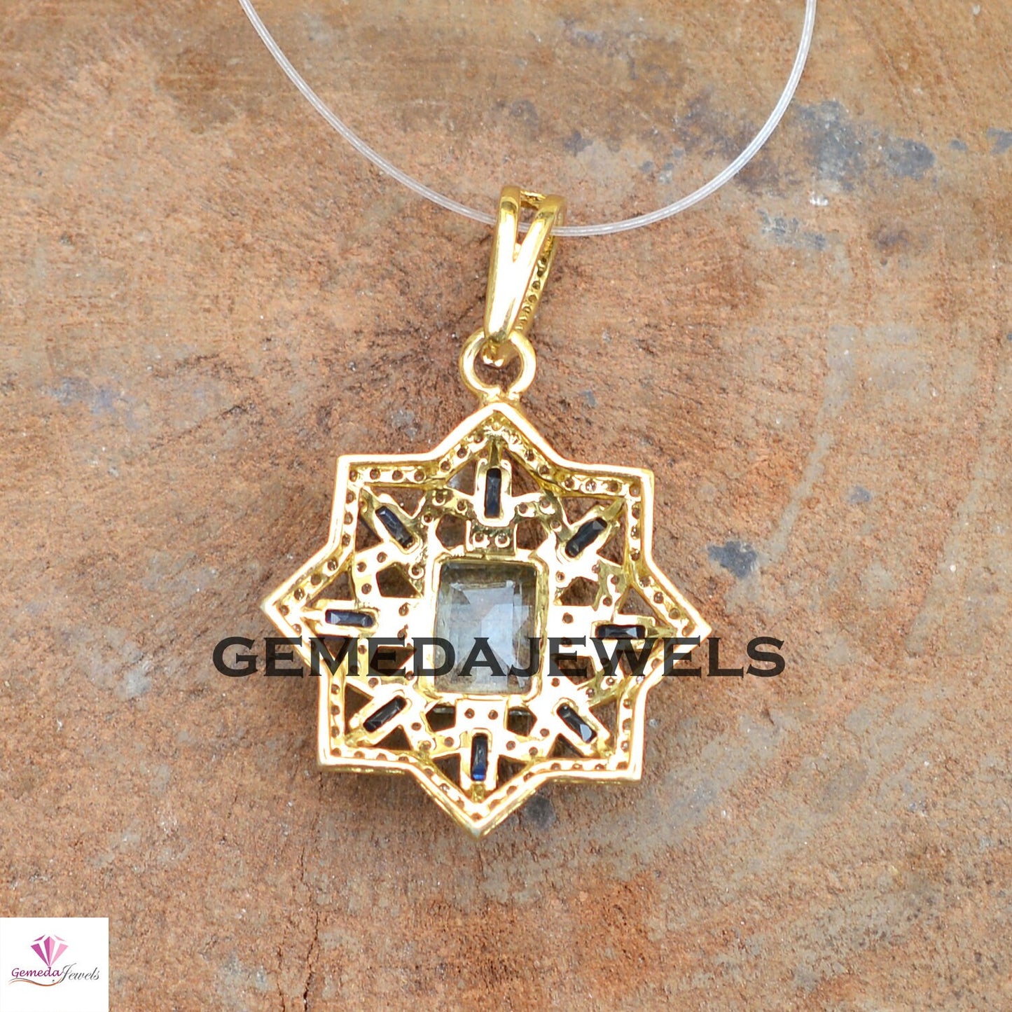 Blue Topaz Flower Pendant, Sapphire Gemstone Jewelry, 925 Silver Pendant, Gold Plated Pave Diamond Jewelry, 16" Link Chain Pendant Necklace