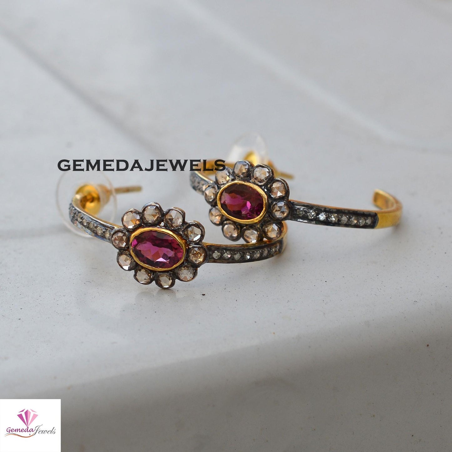 Natural Ruby Gemstone Stud Earrings, Tambuli Diamond Jewelry, Pave Diamond Earrings, Gold Vermeil 925 Silver Stud Jewelry, Valentine's Gift