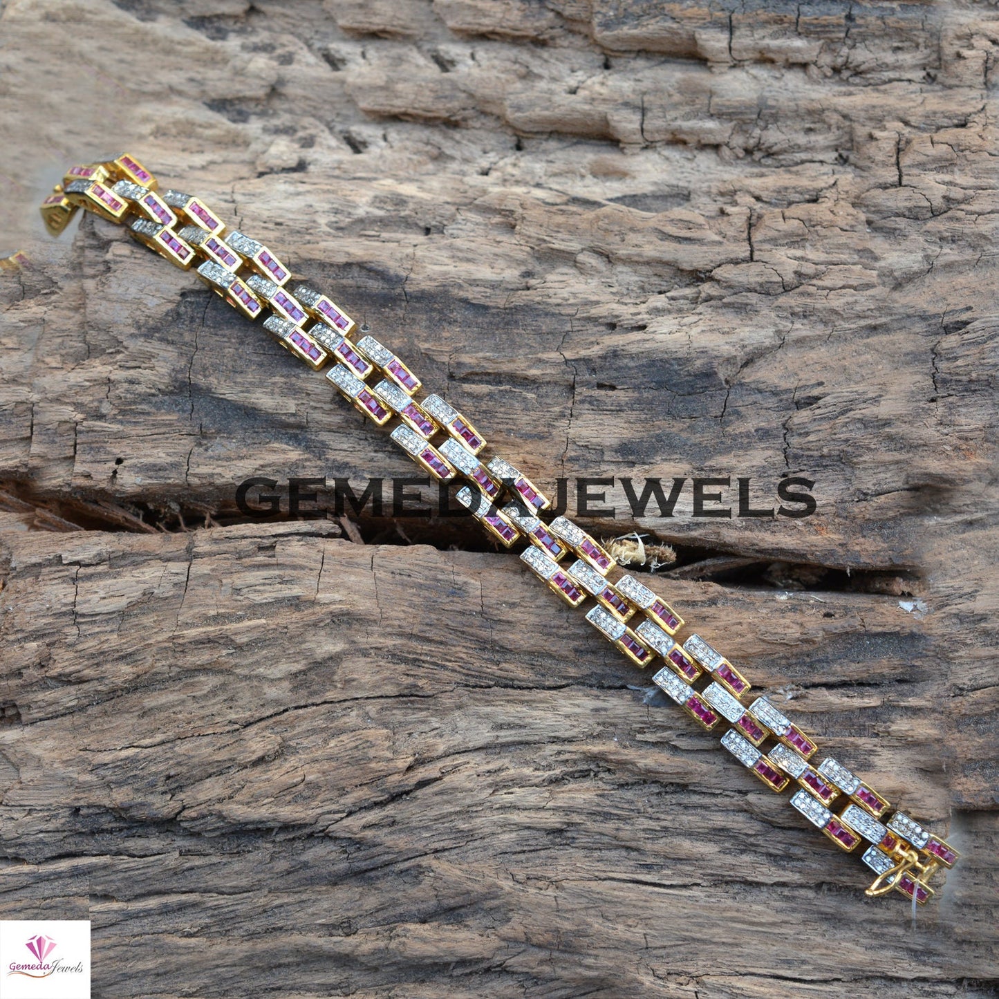 Pave Diamond Bracelet, Ruby Gemstone Link Bracelet, 925 Silver Jewelry, Gold Plated Bracelet, Unisex Jewelry, Gemstone Silver Bracelet, Gift