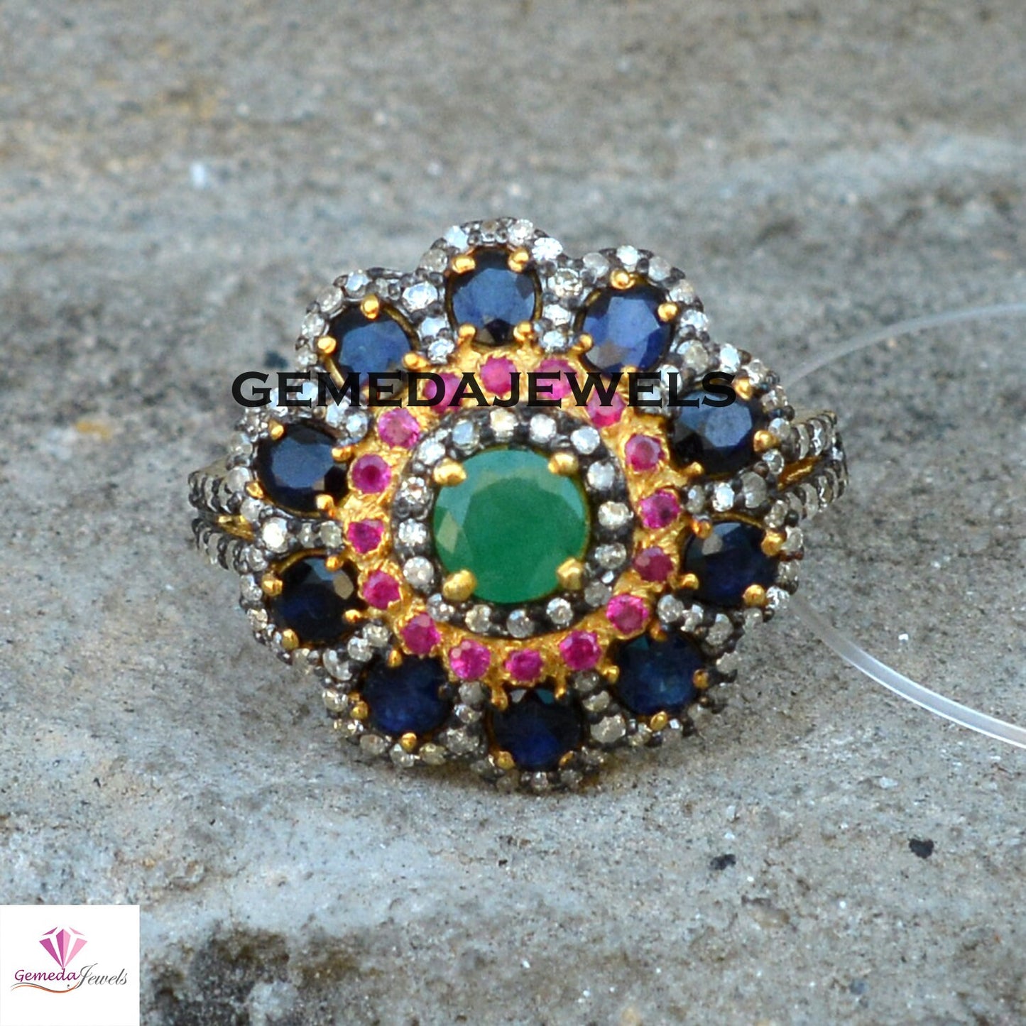 Emerald Gemstone Ring, Sapphire Floral Ring, Ruby Gemstone Ring, Pave Diamond Jewelry, Gemstone Diamond Ring, 925 Silver Gold Filled Jewelry