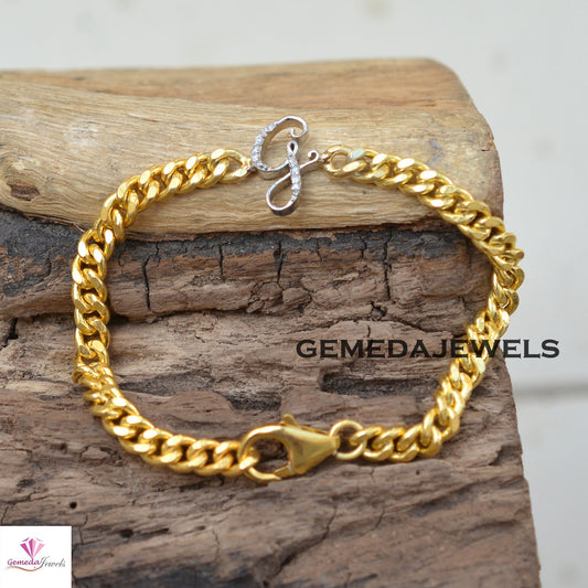 Pave Diamond G Initial Bracelet, 14k Gold Plated Jewelry, 925 Silver Link Chain Bracelet, Diamond Initial Bracelet Jewelry Personalized Gift