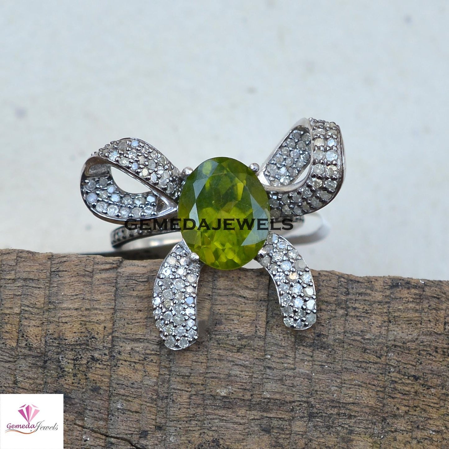 Charming Peridot Gemstone Bow Ring, 925 Silver Jewelry, Pave Diamond Bow Jewelry, Gemstone Ring Jewelry, Valentine's Day Gift, Wedding Gifts