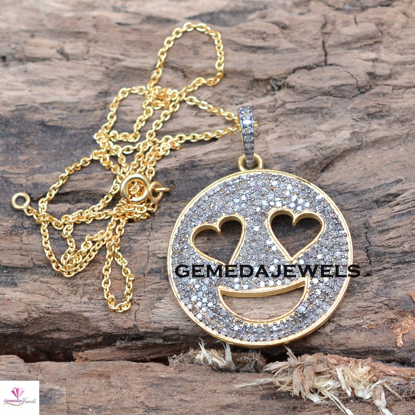 Pave Diamond Pendant, Smiley Silver Pendant, 925 Silver Jewelry, Gold Vermeil Pendant, Silver Diamond Pendant, 16" Chain Necklace, Gifts