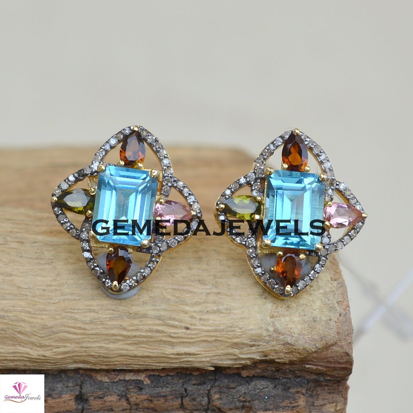 Sale! Blue Topaz Flower Stud Earring, Pave Diamond Earrings, Multi Gemstone Jewelry, Yellow Vermeil 925 Silver Earrings, Women Gift Jewelry