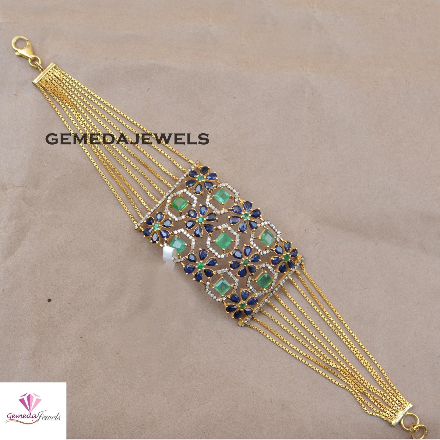 Natural Emerald Bracelet, Sapphire Flower Bracelet, 925 Silver Gold Plated Link Chain Clasp Lock Bracelet, Pave Diamond Jewelry Wedding Gift