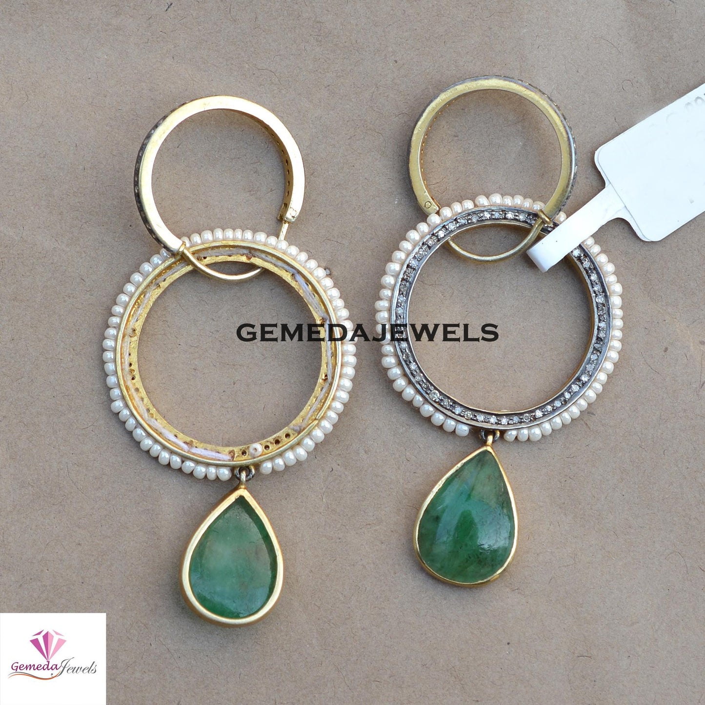 Sale! Classic Emerald Gemstone Earrings, TWO IN-ONE Earrings, Pearl Gemstone Jewelry, Pave Diamond Earrings, Designer Earrings, Gift For Her