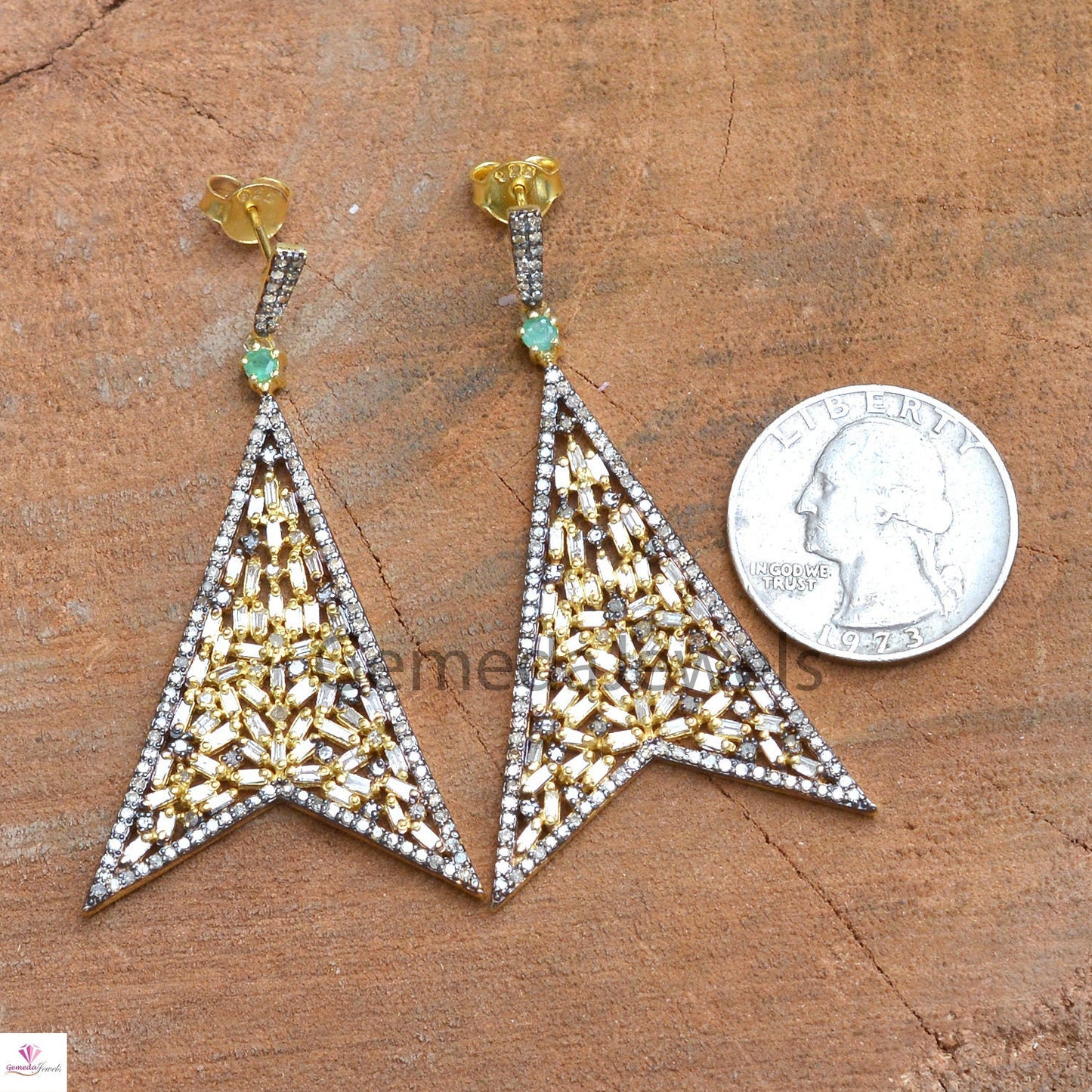 Sale! Baguette Diamond Earrings, Pave Diamond Jewelry, Emerald Gemstone Earring, 14K Gold Vermeil Earrings, 925 Silver Jewelry, Gift For her