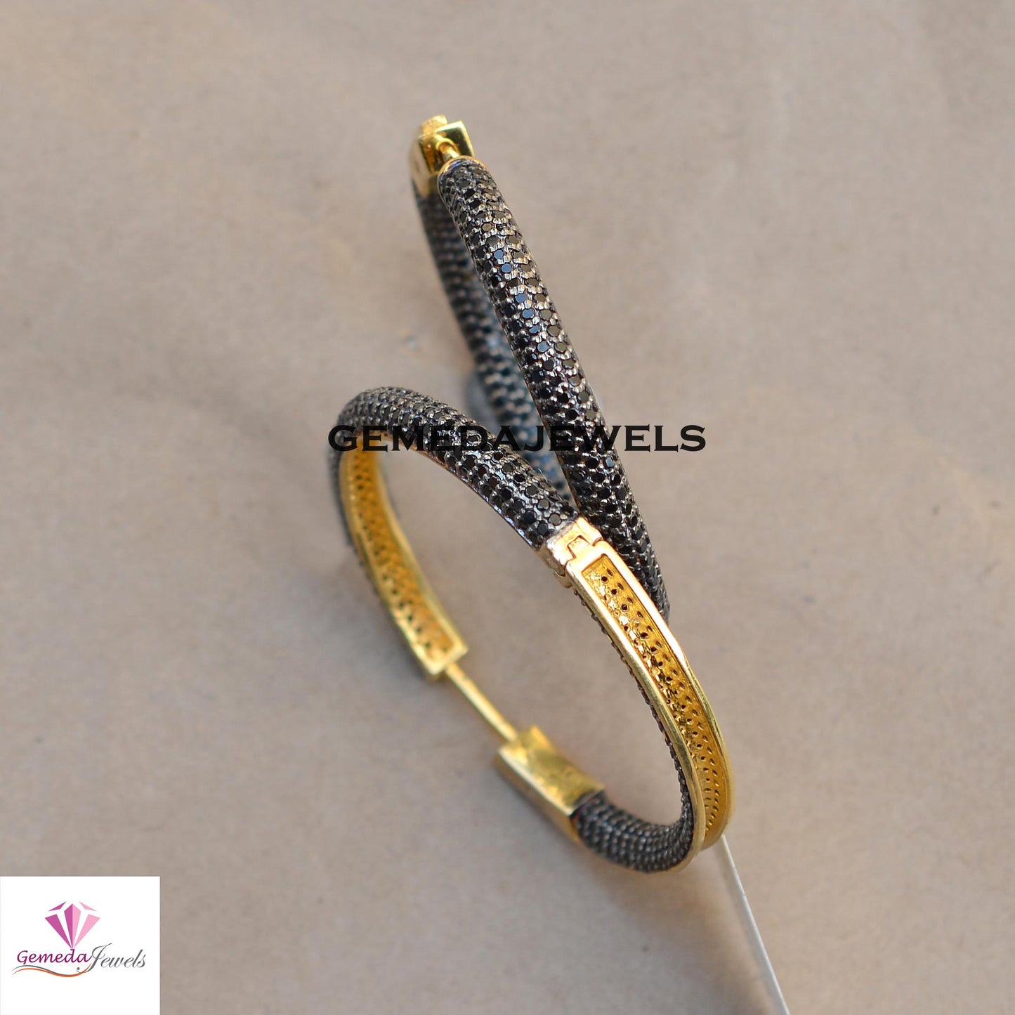 Sale 40MM Black Spinel Gemstone Hoop Earrings, 925 Silver Jewelry, 14k Gold Vermeil Earrings, Gemstone Silver Earrings, Women's Gift Jewelry